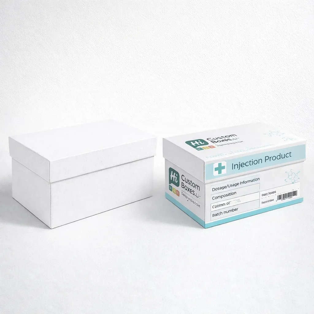 Wholesale medical injection boxes with a classic lid-off design and detailed product information panels. class=